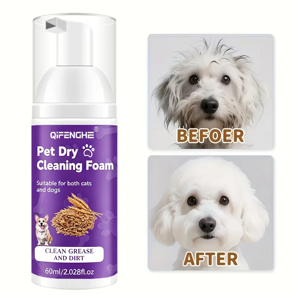 Shampoo Seco para Cães e Gatos - Espuma Sem Água, Sem Enxágue, Desodorizante e Limpante para Filhotes