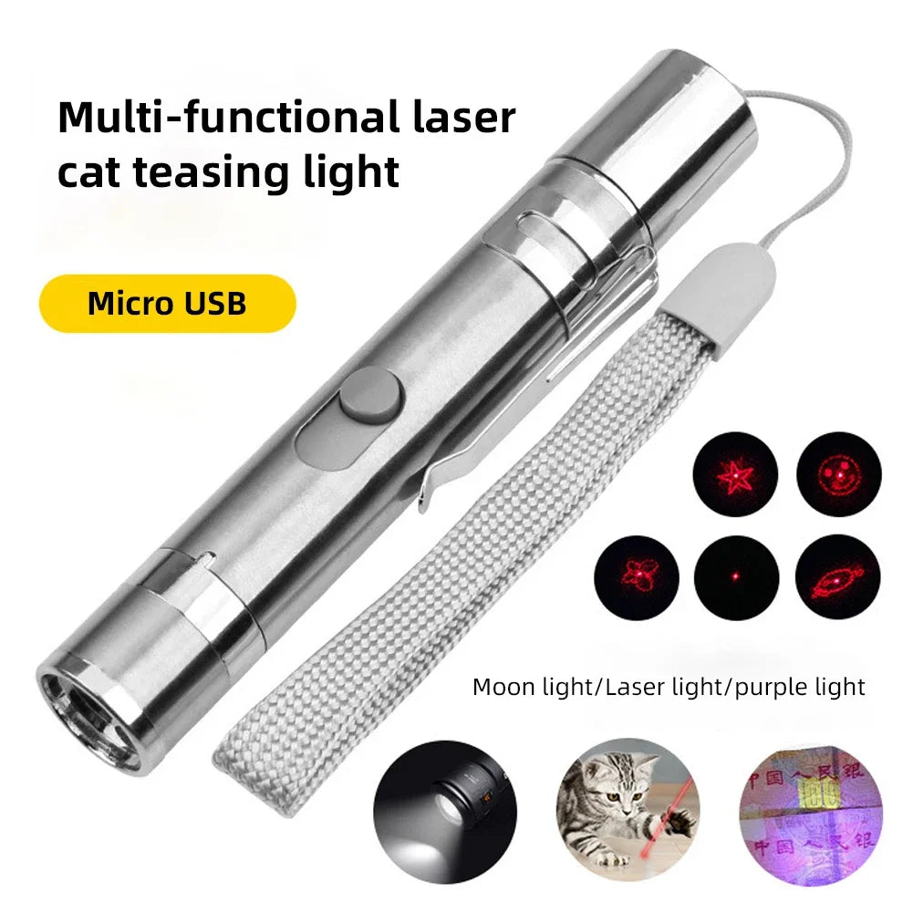 3-em-1 pet ponteiro gato brinquedo usb recarregável ponto vermelho luz engraçado gato caçador vara caneta interativa ponteiro produtos para animais de estimação