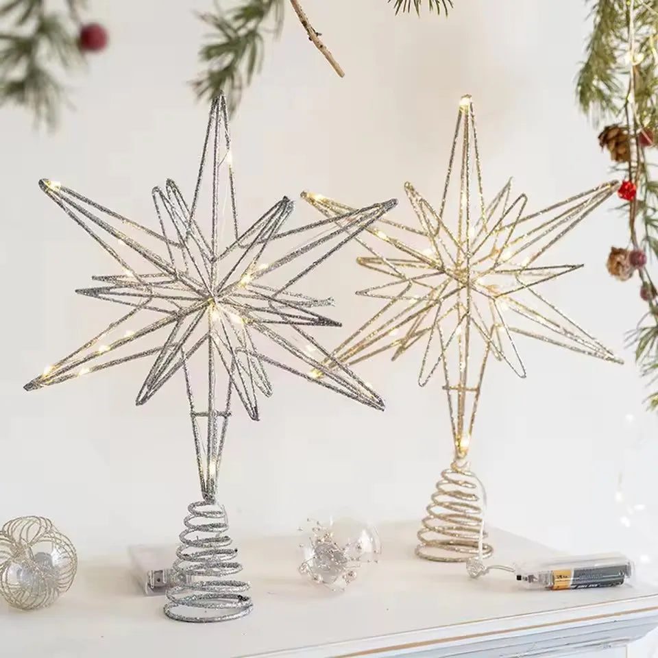 Estrela para Topo de Árvore de Natal com Luzes LED, Enfeites Criativos com Luzes LED e Glitter, Decoração de Árvore de Natal para Festas