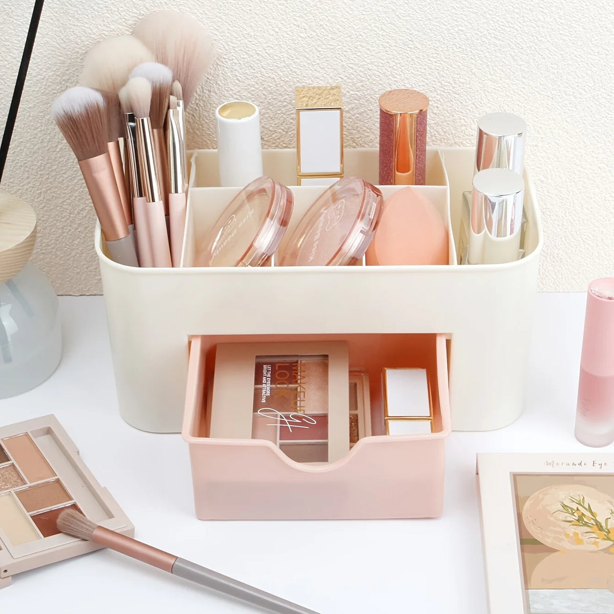 Organizador de Maquiagem com 1 Gaveta, Organizador de Mesa, 6 Compartimentos, Caixa de Armazenamento de Cosméticos para Esmalte, Batom, Pincéis, Joias