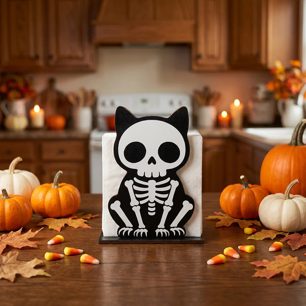 Suporte de Papel Toalha de Madeira para Halloween com Decoração de Esqueleto Assustador, Fantasma, Abóbora e Gato para Mesa de Cozinha e Banheiro