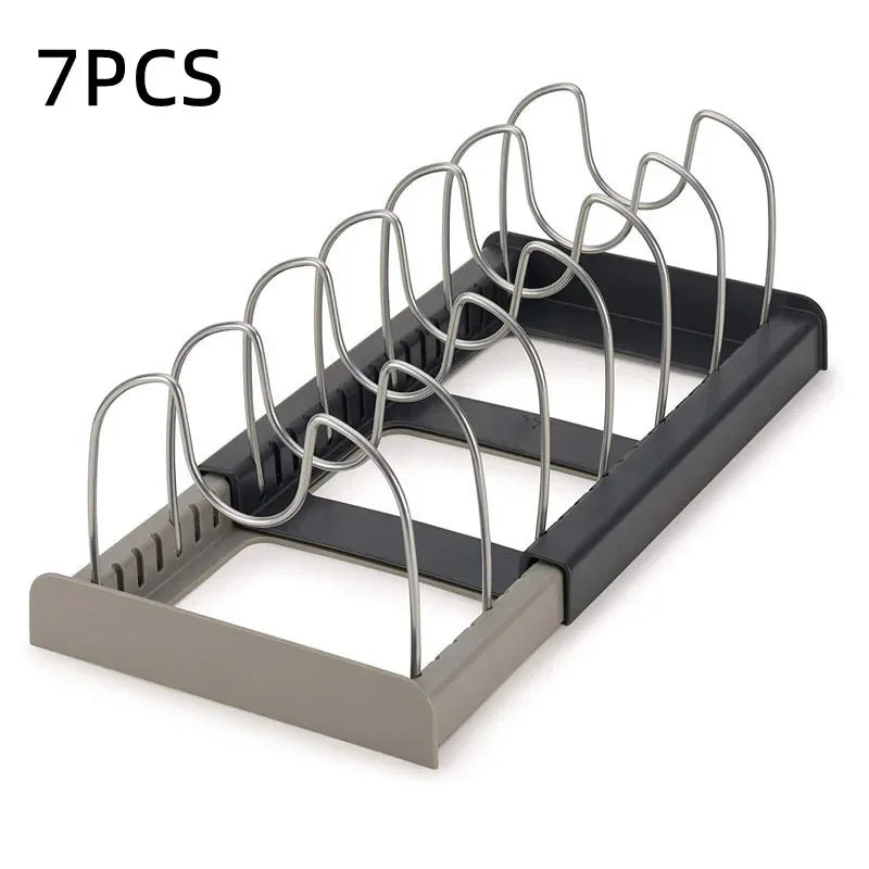 Suporte organizador expansível para panelas e frigideiras, suporte ajustável para tampas de armários sob a pia, organizador de cozinha que economiza espaço para guardar utensílios de cozinha.