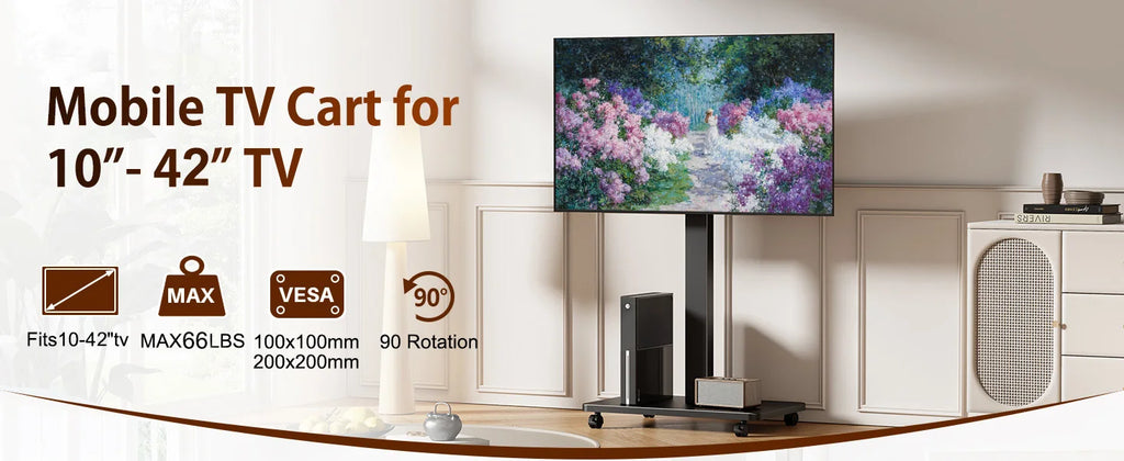 Suporte de TV rolante para TV plana curvada de 10 "-42" com retrato giratório para paisagem Suporte de TV portátil ajustável em altura com rodas