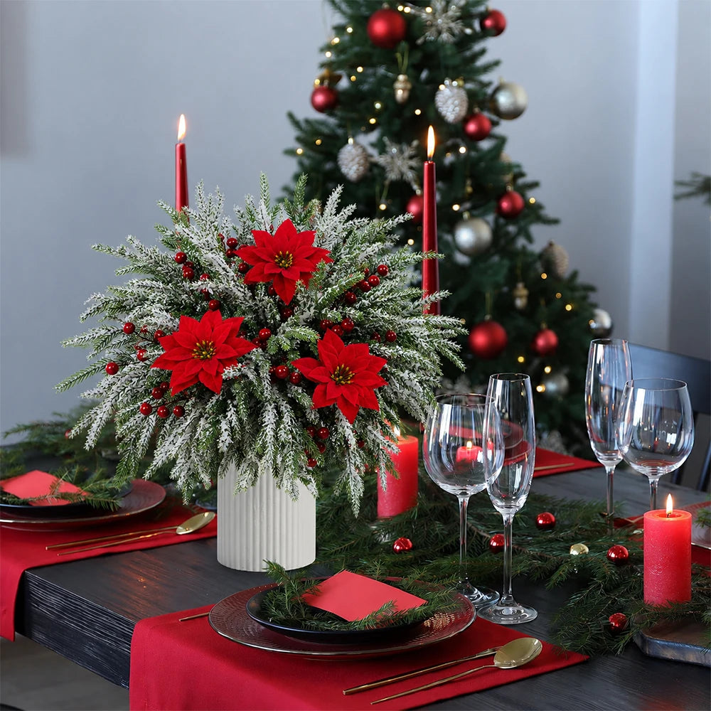 Decorações de Natal DIY, 18 peças de agulhas de pinheiro artificiais, flores de poinsétia com bagas vermelhas para festas de inverno, decoração de guirlandas para festas em casa.