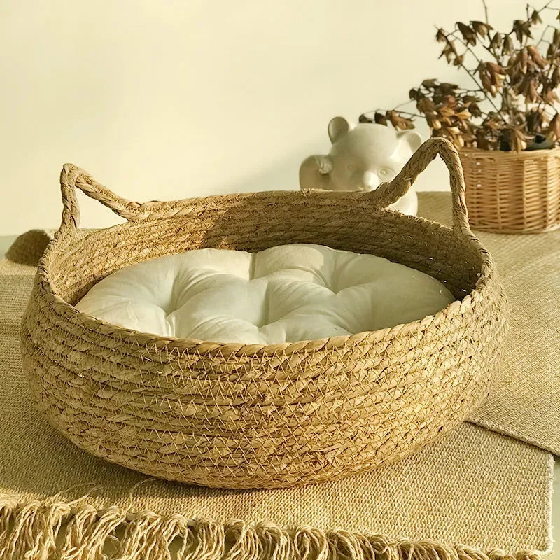 Handmade Vine Woven Cat Nest, Almofada Destacável, Lavável, Puro, Universal, Sazonal, Calor, Pet Shop, Acessórios, 4 Estações, Inverno