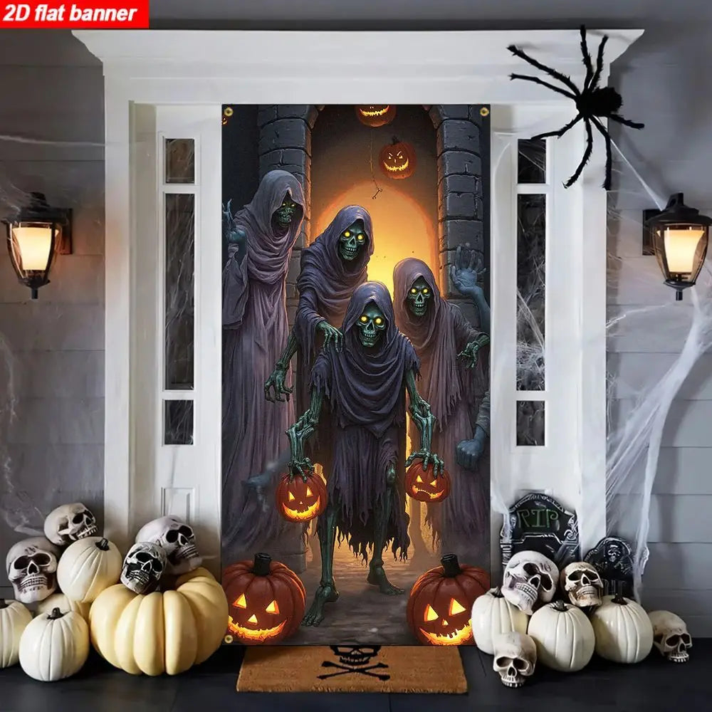 Um item, um banner plano 2D, com tema de Halloween, apresentando fantasmas assustadores, caveiras e decorações de abóbora para uma festa.