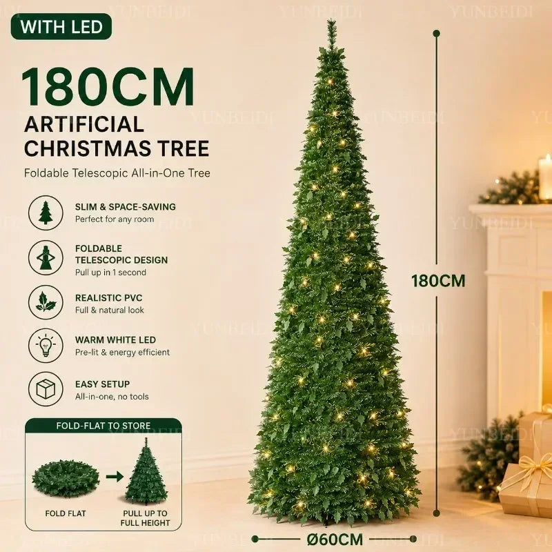 Árvores de Natal Artificiais com Luzes LED Decorativas, Tudo em Um, com Alturas de 1,5m a 2,1m, Decoração de Natal para Casa
