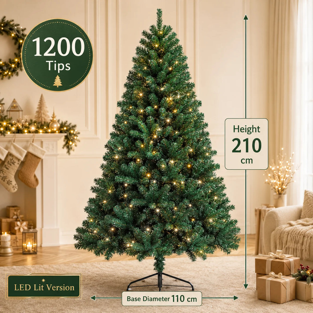 Árvore de Natal Artificial Grande em PVC com Luzes LED, de 120cm a 300cm, Decoração para Festa de Natal e Ano Novo em Família