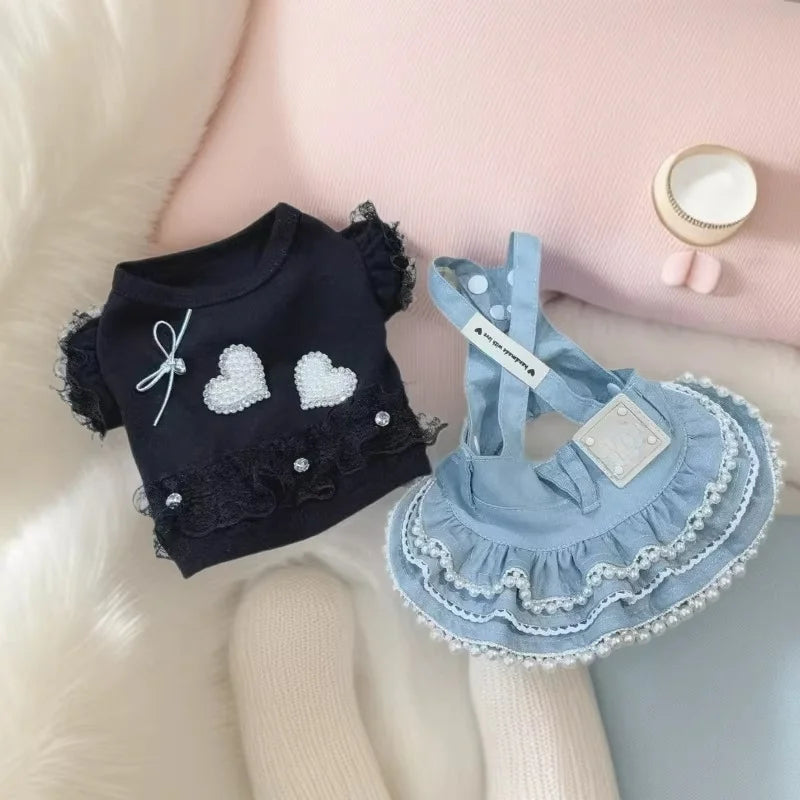 Roupas para animais de estimação para cães e gatos pequenos, blusa de renda com manga bufante, saia jeans, roupa diária fofa para cachorrinhos e gatinhos