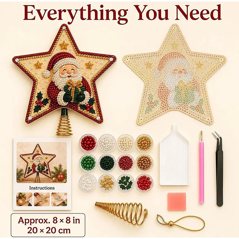 Enfeite de Árvore de Natal com Pintura de Diamantes, Topo de Árvore em Forma de Estrela, Papai Noel DIY, Pintura com Pérolas e Gemas, Base Espiral, Decoração para o Topo da Árvore de Natal