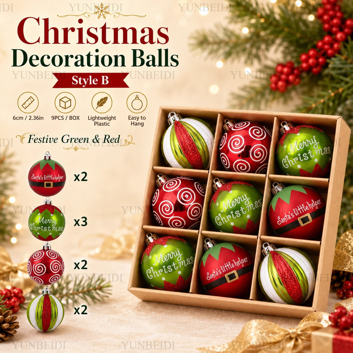 Enfeites de Bolas de Natal 9PCS 6cm Conjunto de Bolas de Plástico DIY Decorações para Pendurar na Árvore Vermelho Verde para Decoração de Natal em Casa e Festas
