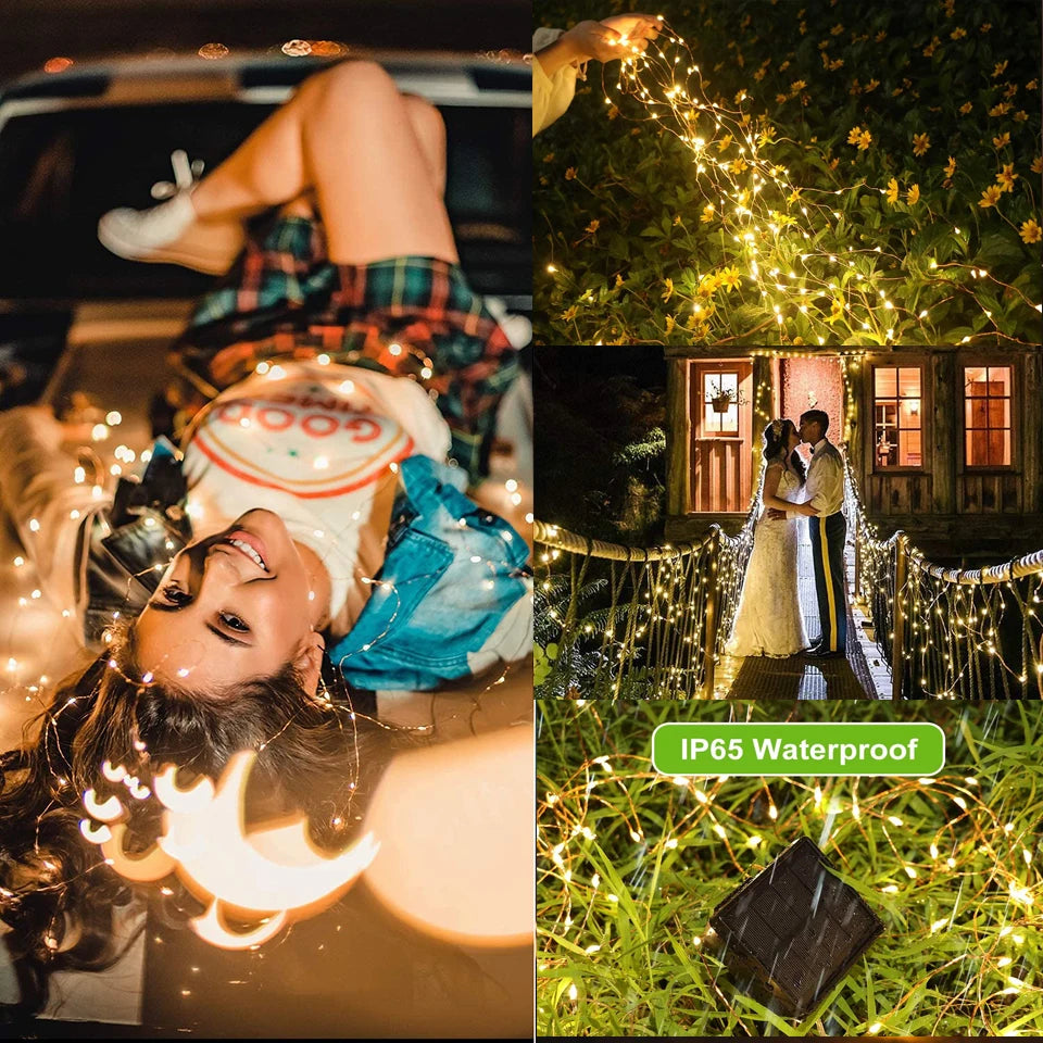 Luz solar ao ar livre da corda led guirlanda de fadas 8 modo jardim quintal festa decoração natal lâmpada fio cobre
