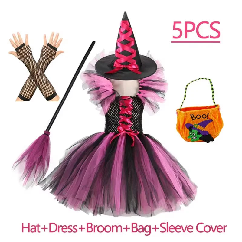 Fantasia de Bruxa para Meninas, Vestido de Tule em 3 Cores com Chapéu Pontudo, Fantasia de Carnaval para Crianças
