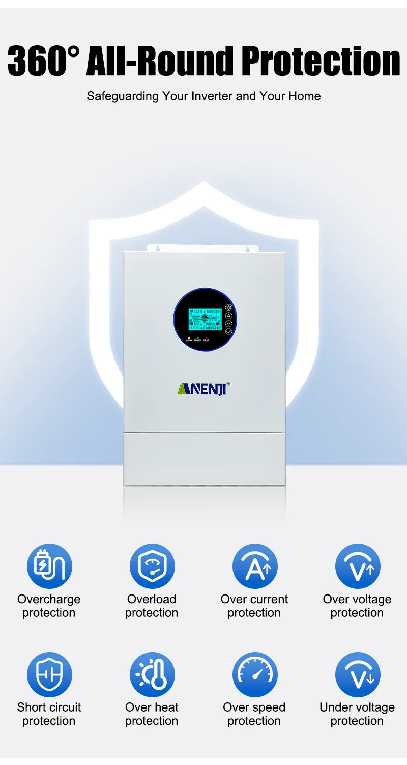 Inversor Solar Híbrido ANENJI de Fase Dividida 12KW 48V com 2 MPPT, AC 120VAC 240VAC, Onda Senoidal Pura, Off Grid, Carregador Solar MPPT 200A, Entrada Dupla PV 500VDC