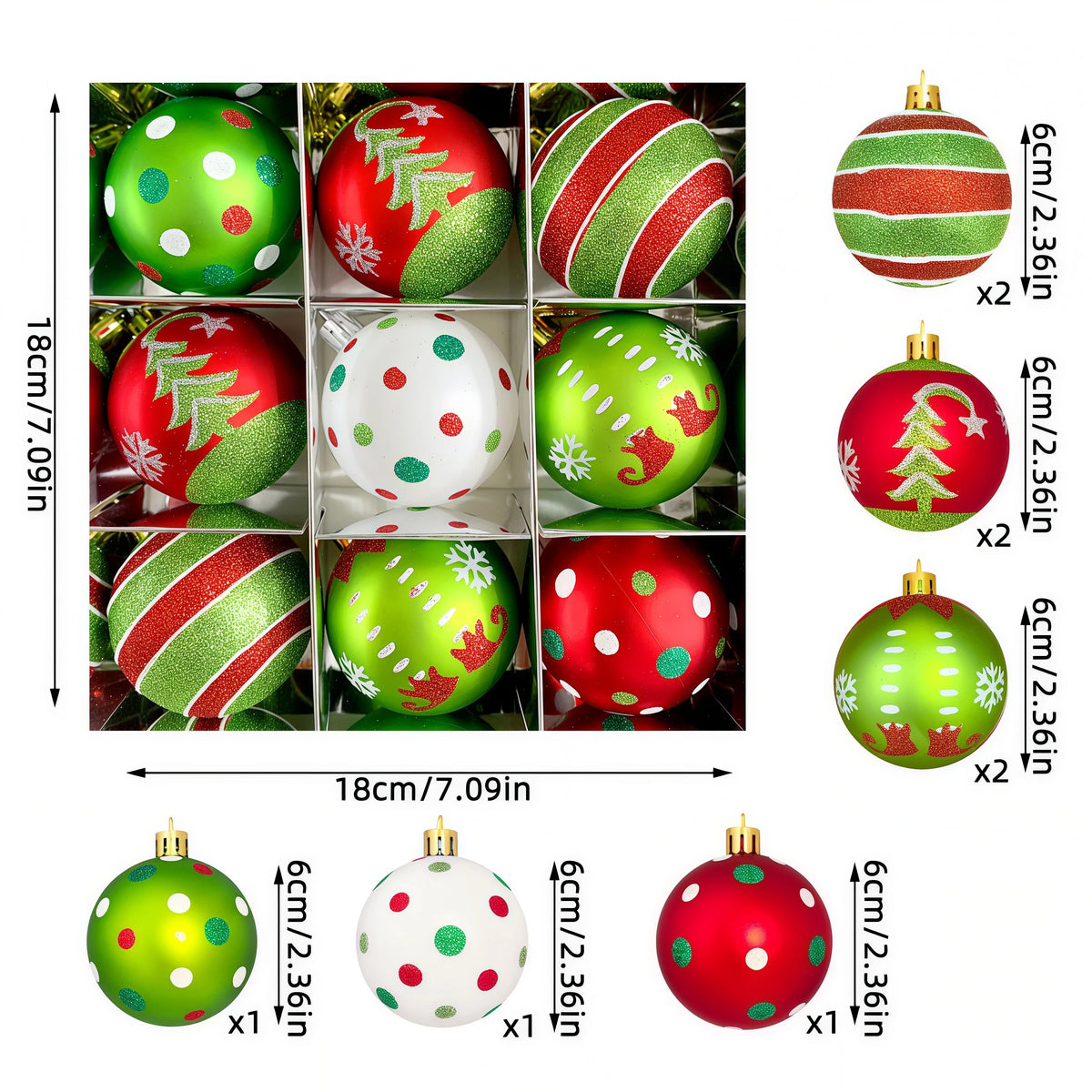 Conjunto de enfeites de bolas de Natal, verde e vermelho, para pendurar na árvore de Natal, ideal para festas de Ano Novo e como presente.