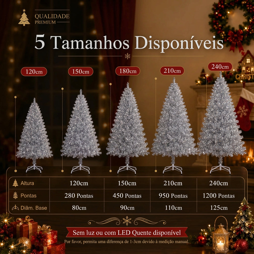 Árvore de Natal Artificial Prateada em PVC 120-240cm de Alta Qualidade com Luzes LED Quentes, Decoração para Festa de Natal em Casa