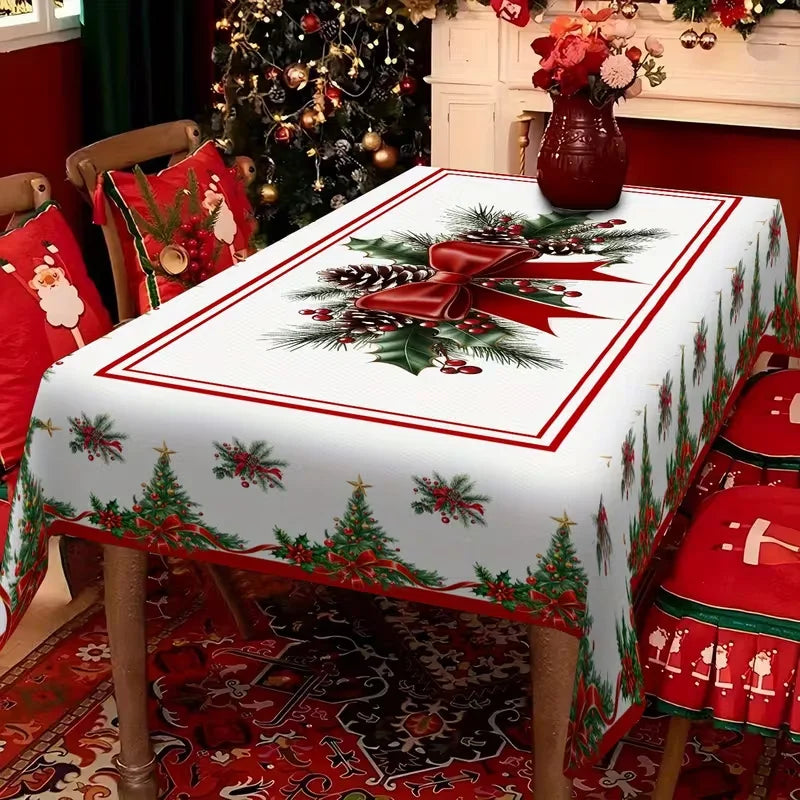 Toalha de Mesa de Natal: Decoração Clássica de Inverno com Estampa de Papai Noel, Floco de Neve e Pinhas – Suprimentos para Cenário Festivo
