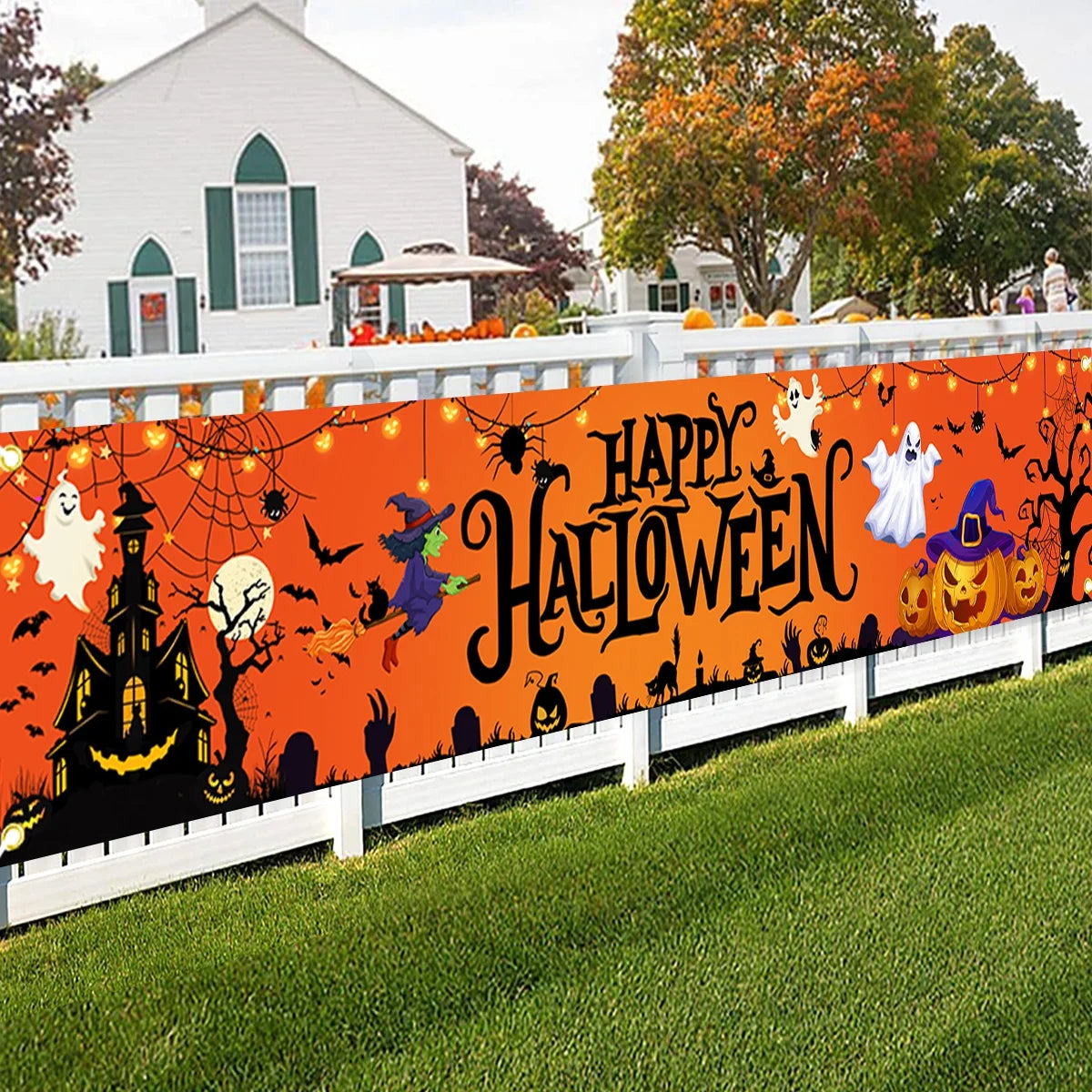 Feliz dia das bruxas banner halloween abóbora festa sinais tema assustador banner decorações cerca quintal varanda sinal ao ar livre decoração de terror