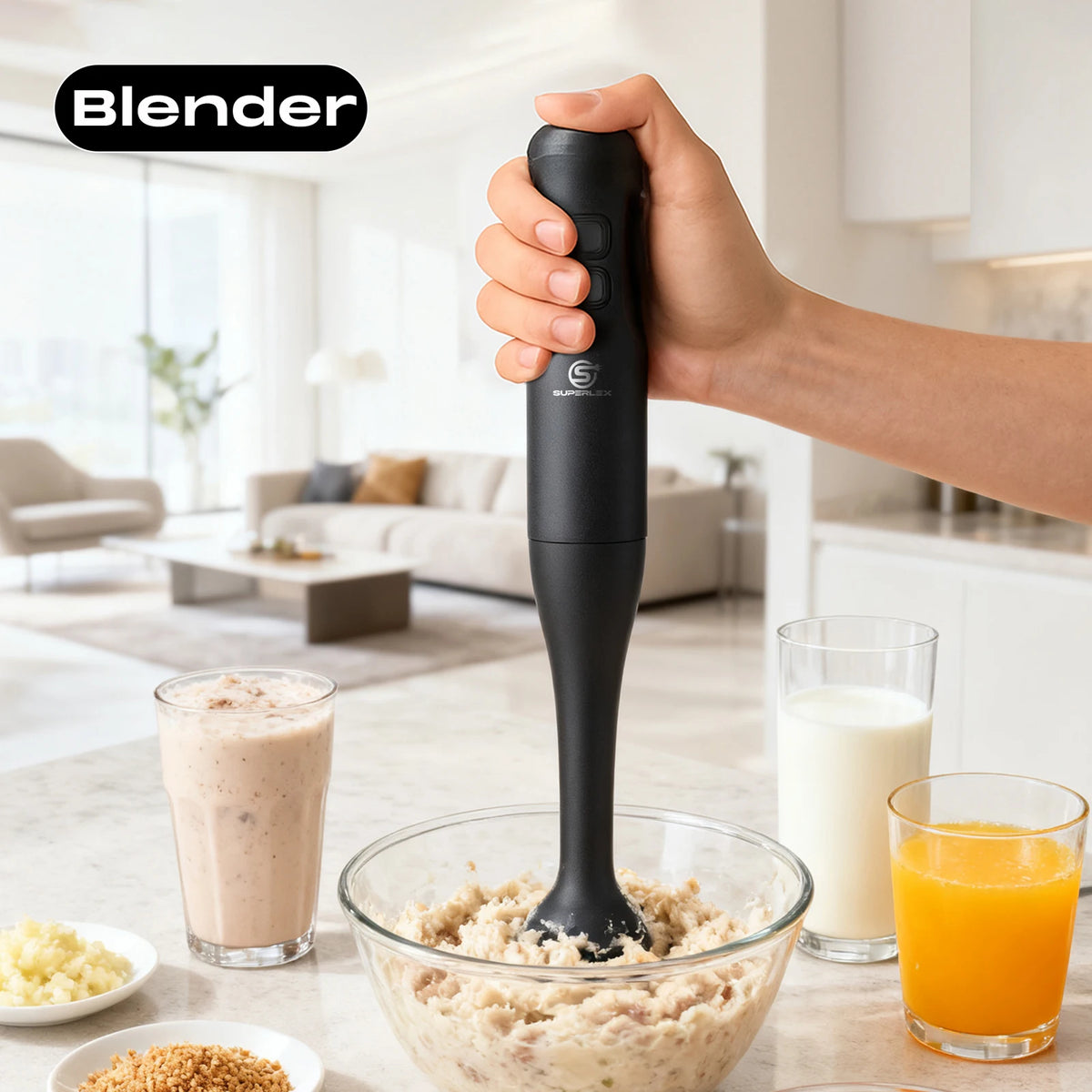 SUPERLEX 350W Mixer de Imersão 4 em 1, Conjunto de Mixer Elétrico Portátil com Batedor, Copo Medidor de 500ml e Picador de 700ml, Controle de 2 Velocidades para Sopas, Smoothies, Papinhas e Carne Moída