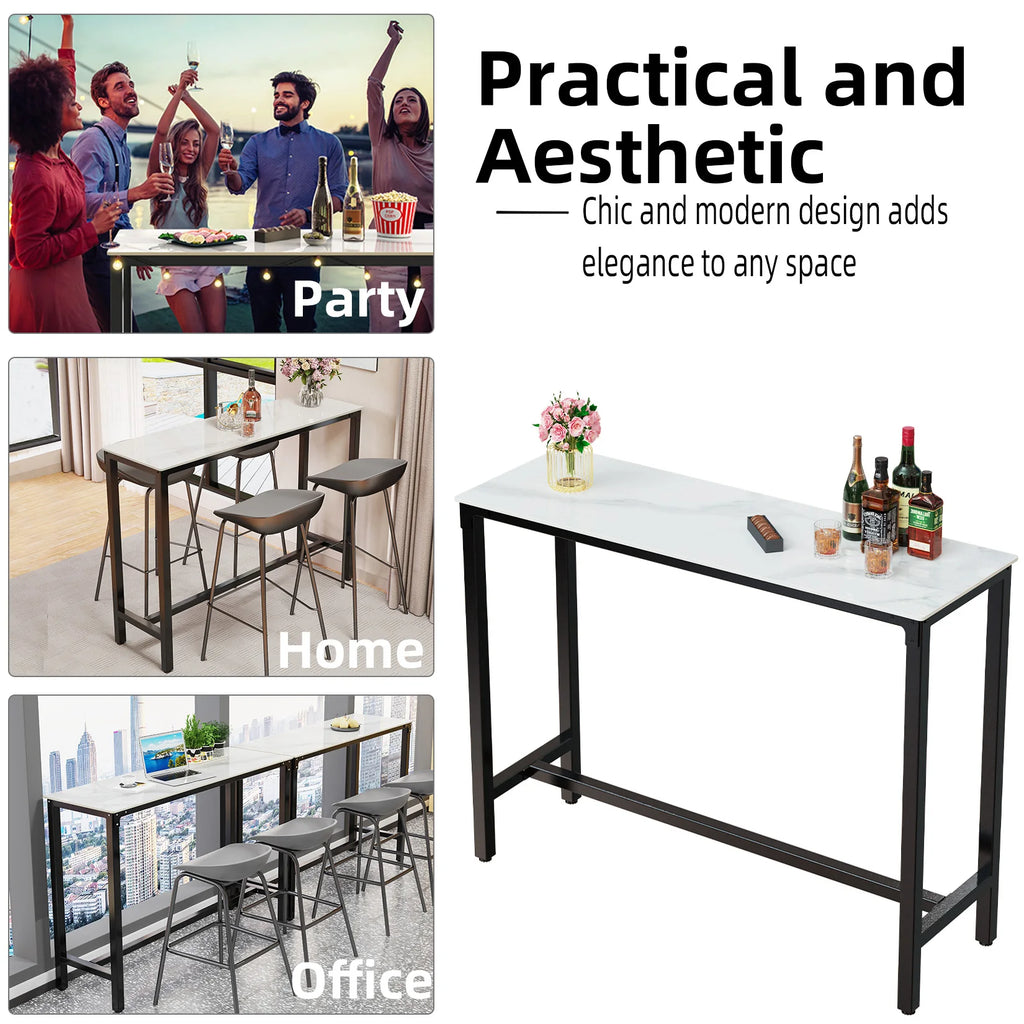 Retângulo sinterizado pedra bar mesa, alta Top Pub mesas, mesa de jantar com metal preto frame, contra altura, branco