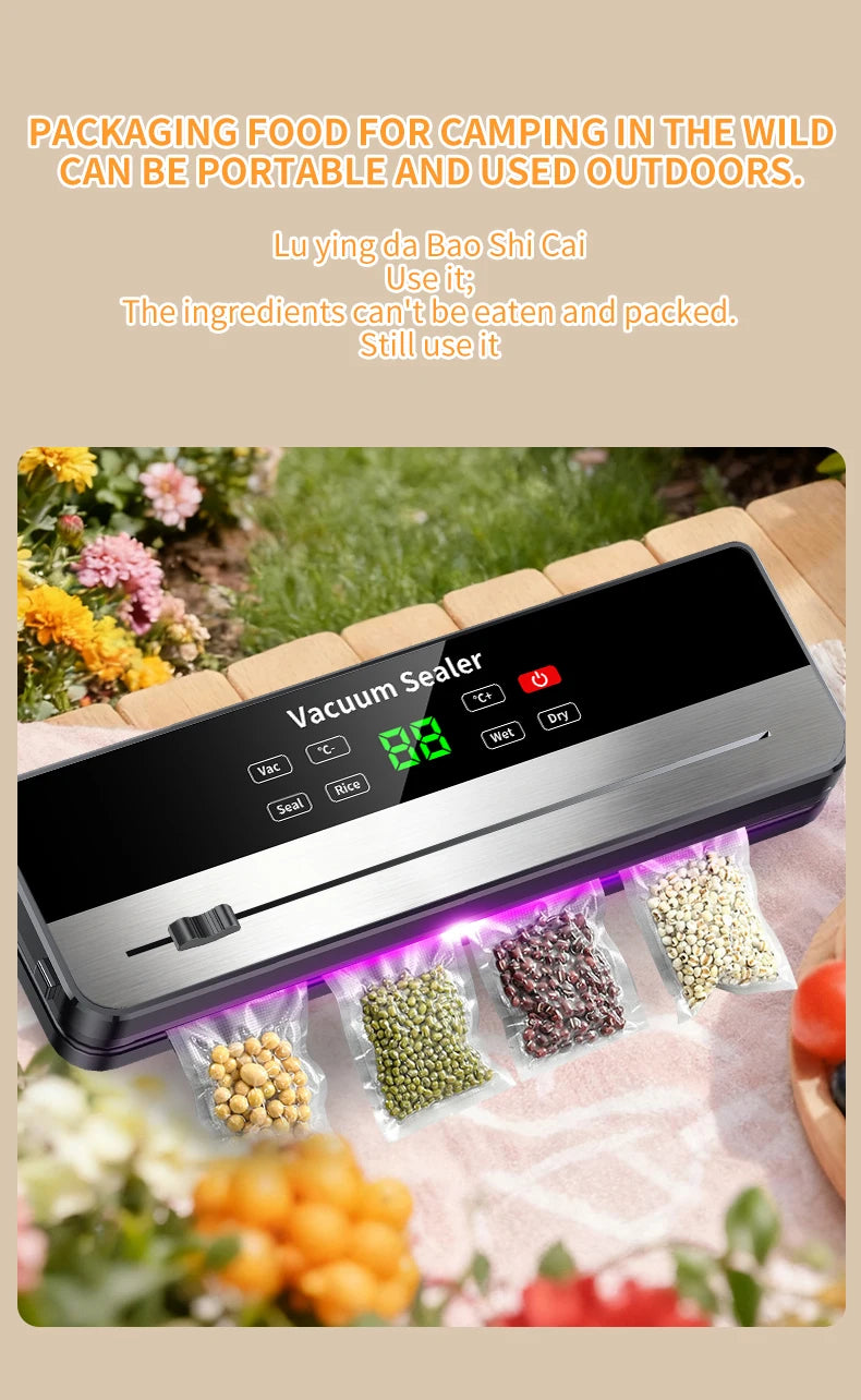 Selador a Vácuo Portátil com Forte Sucção e Carregamento Sem Fio USB |   Selador de Alimentos Secos/Úmidos para Cozinha
