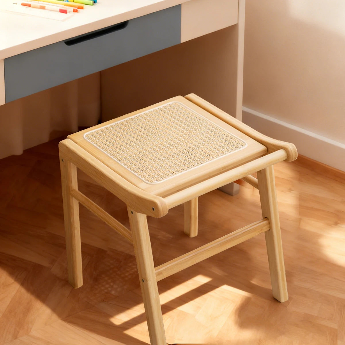 Banqueta elegante de bambu com tampo de vime – Banqueta moderna para penteadeira de quarto, sala de estar e decoração de entrada de casa