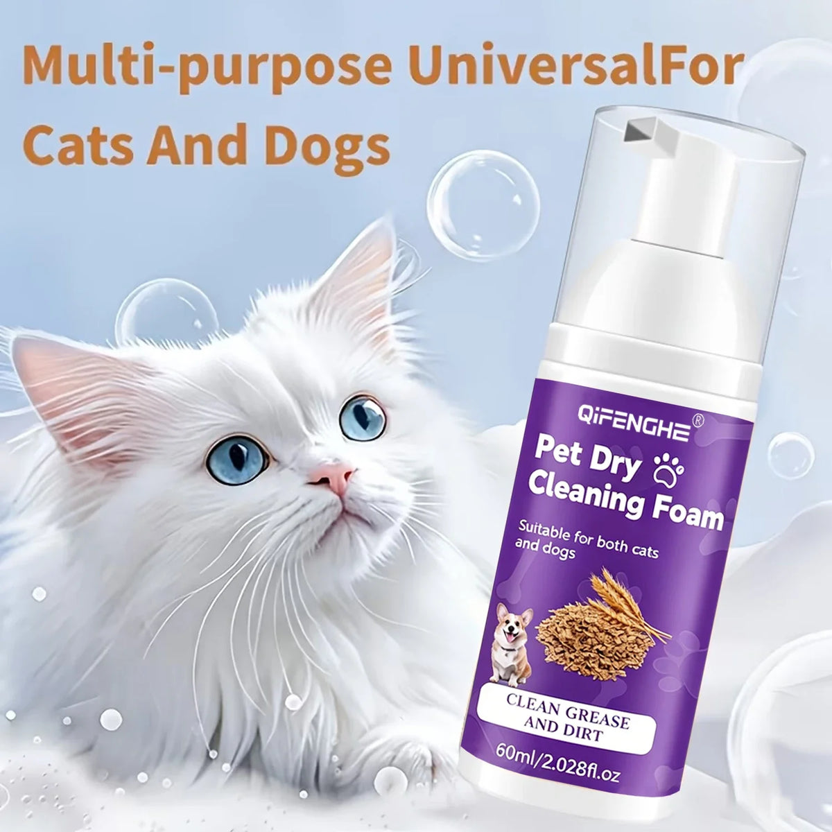 Shampoo Seco para Cães e Gatos - Espuma Sem Água, Sem Enxágue, Desodorizante e Limpante para Filhotes