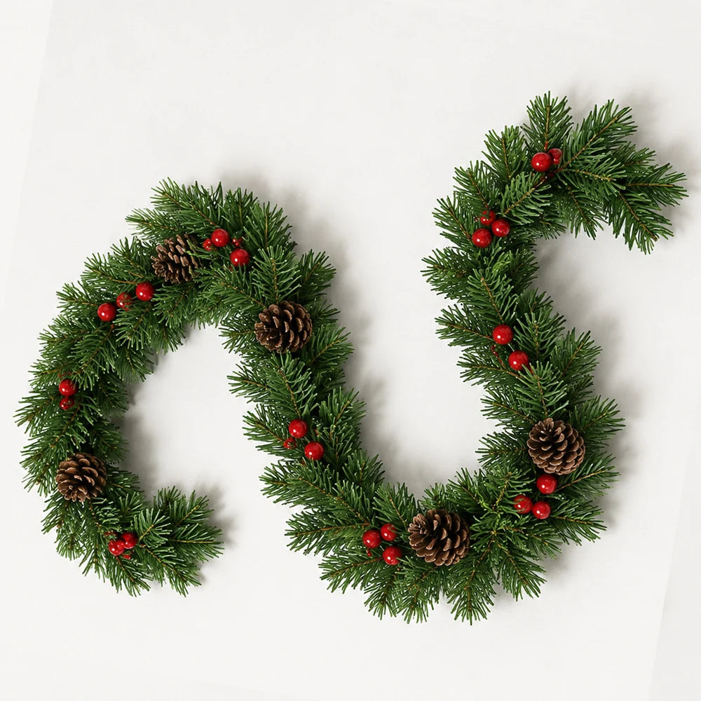 Guirlanda de Natal com Pinhas e Frutas Vermelhas, Árvore de Natal Artificial, Guirlanda de Galhos de Pinheiro, Decoração para Festas em Casa
