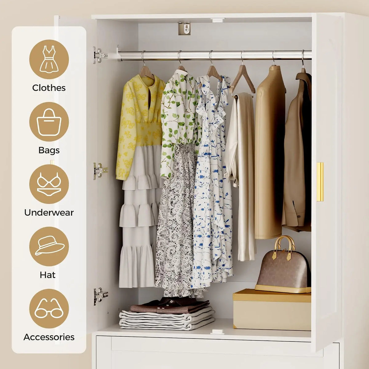 Guarda-roupa de madeira com 3 gavetas e varão para pendurar, 2 portas, armário independente para roupas no quarto, 71", personalizável