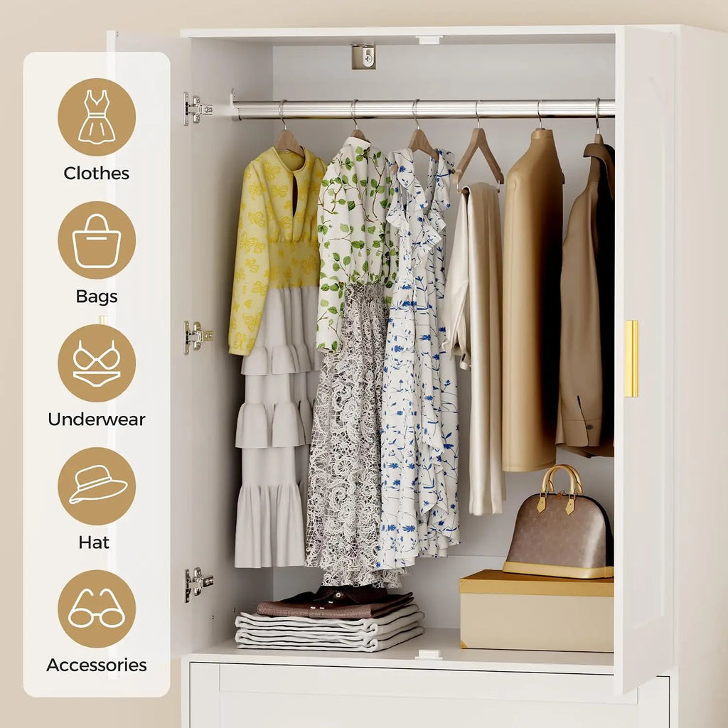 Guarda-roupa de madeira com 3 gavetas e varão para pendurar, 2 portas, armário independente para roupas no quarto, 71", personalizável