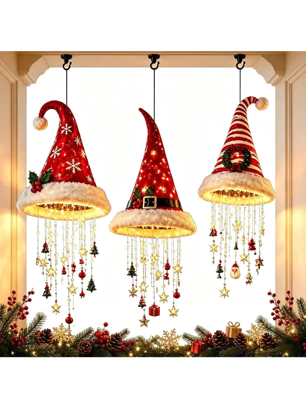 Decoração de Natal: Chapéu de Papai Noel para Pendurar, Luz de Teto com Tema de Papai Noel, Ornamento de Árvore com Estrela e Sino, Decoração para Festas e Eventos Natalinos em Casa