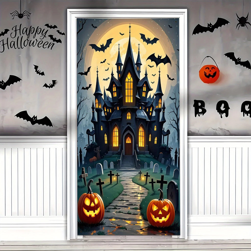 Decoração de Porta Assustadora para Halloween - Material de poliéster, design de lua cheia e castelo fantasma, perfeito para decoração de festas