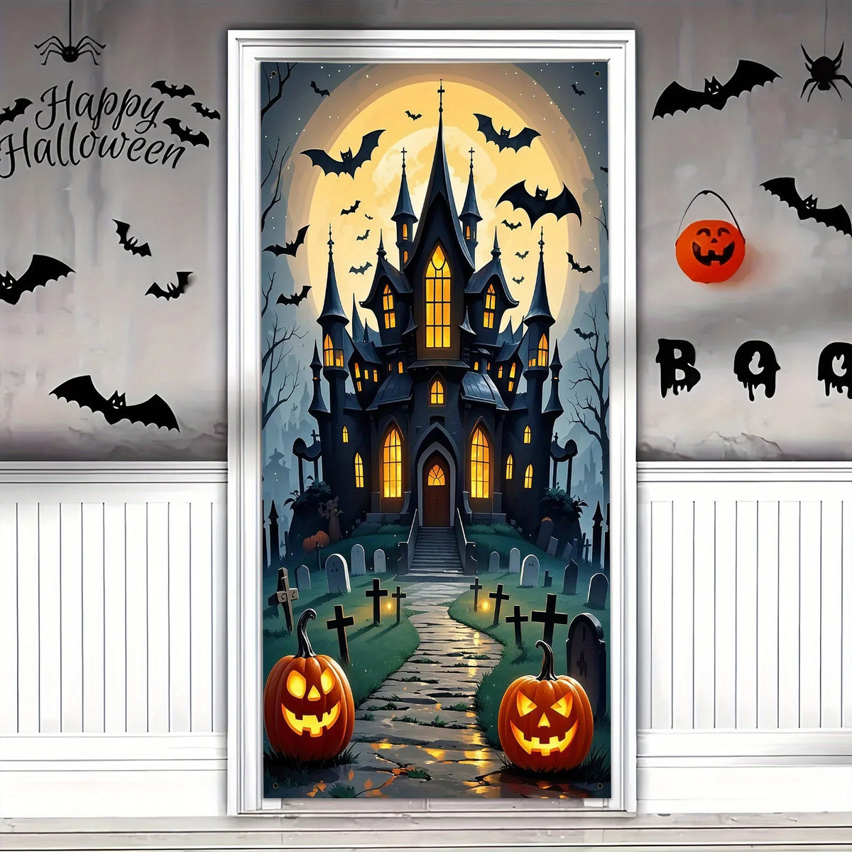 Decoração de Porta Assustadora para Halloween - Material de poliéster, design de lua cheia e castelo fantasma, perfeito para decoração de festas