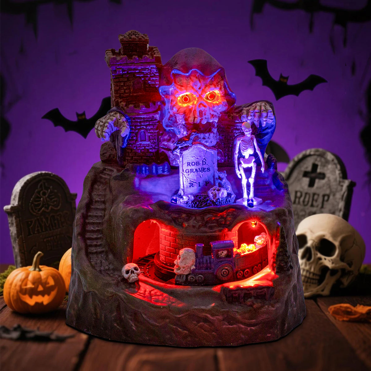 Decoração animada de casa de vila de Halloween com trem em movimento pré-iluminado música crânio fantasmas lápidas estatuetas atmosfera de festa assustadora