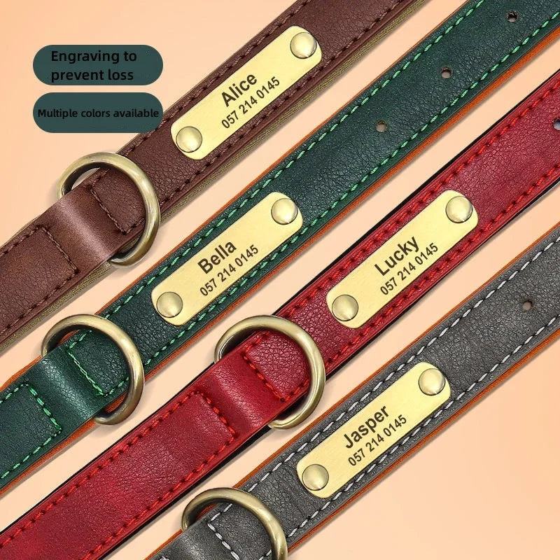 Coleira de Cão Personalizada em Couro com Placa de Identificação, Almofadada e Macia, Gravação Gratuita do Nome para Cães Pequenos, Médios e Grandes