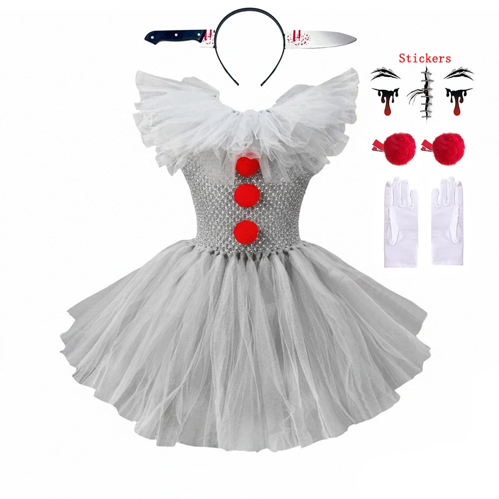 Fantasia de Palhaço Assustador para Meninas, Vestido Tutu de Tule Cinza, Roupa de Cosplay para Halloween, Carnaval dos Mortos e Festas de Palco