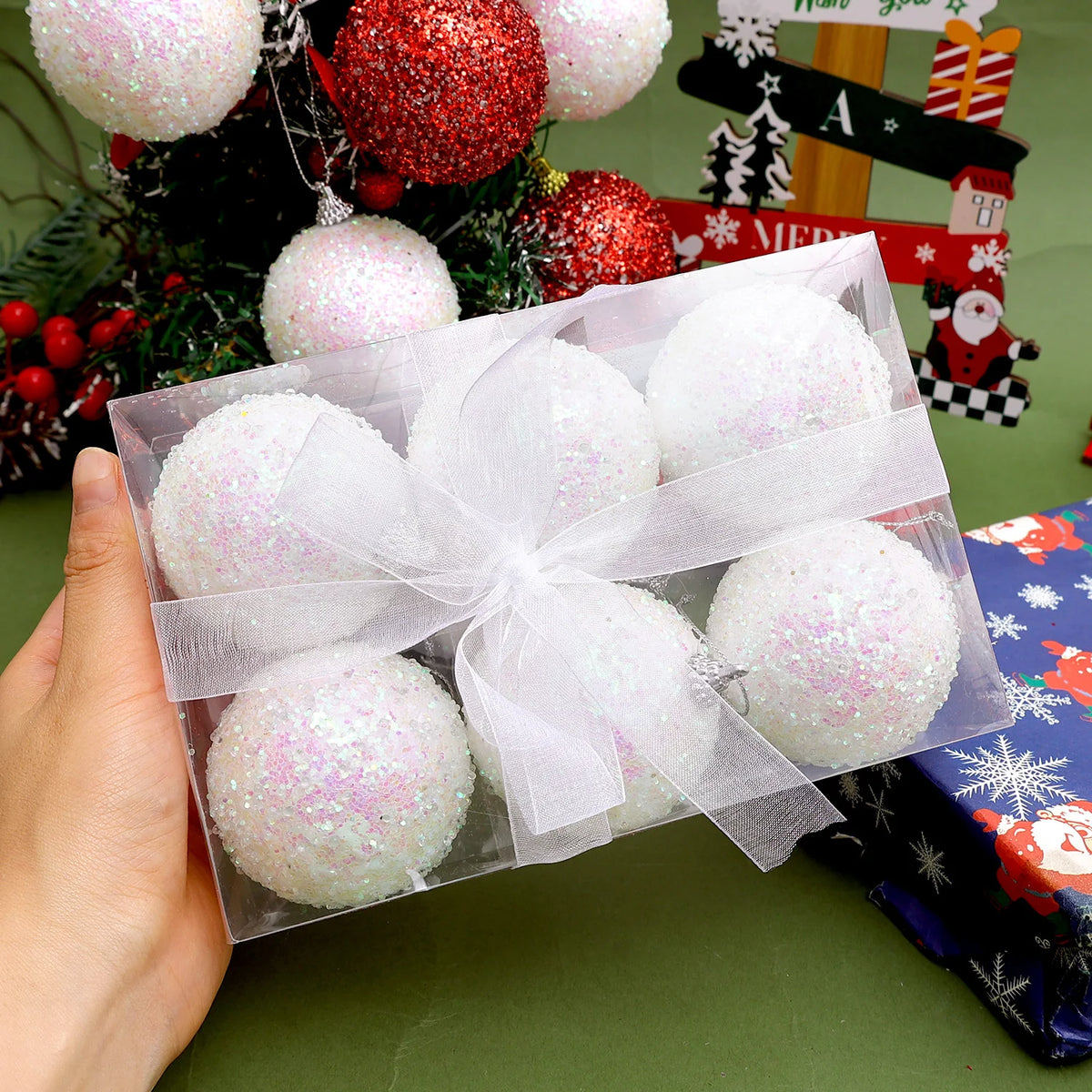 6/30 pçs glitter champanhe branco vermelho bolas de natal ornamentos espumante árvore de natal pendurado bola pingentes decoração de festa de ano novo