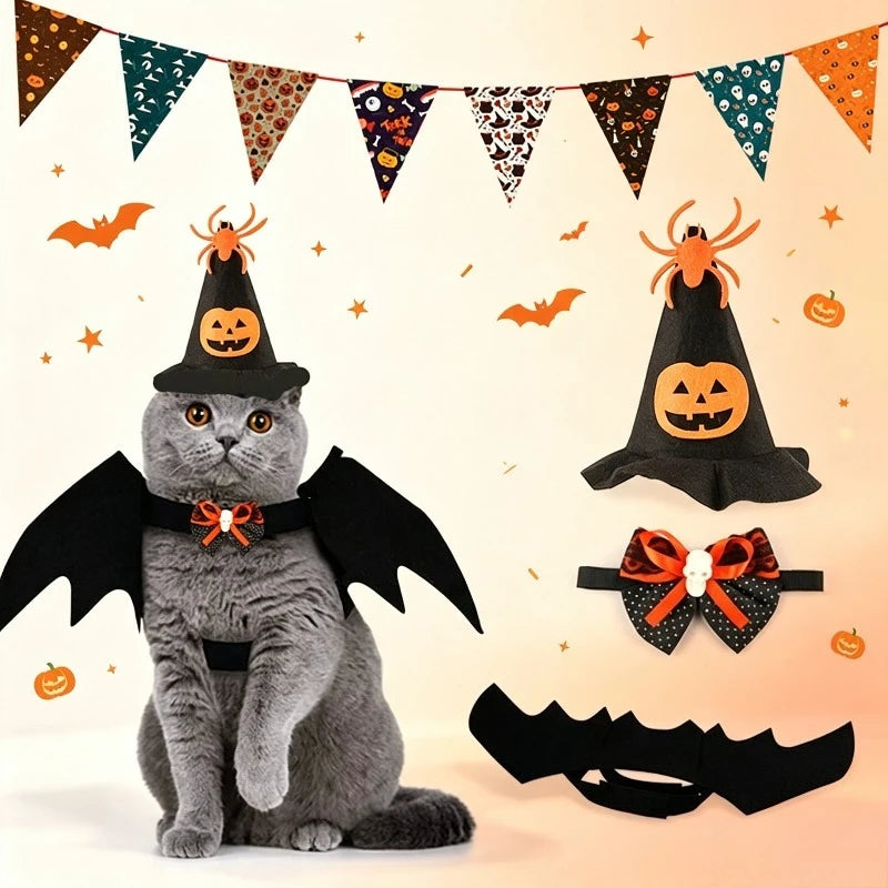3×Conjunto de Decoração de Fantasia de Halloween para Gato de Estimação - Acessórios de Asas de Morcego, Coleira e Tiara, Fantasia Assustadora e Fofa para Festa de Halloween