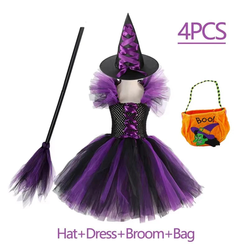 Fantasia de Bruxa para Meninas, Vestido de Tule em 3 Cores com Chapéu Pontudo, Fantasia de Carnaval para Crianças