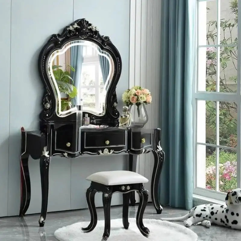 European Decor Makeup Vanity Desk Wooden Drawer White Black Makeup Vanity Desk Mirror Corner Komody Master Bedroom Furniture