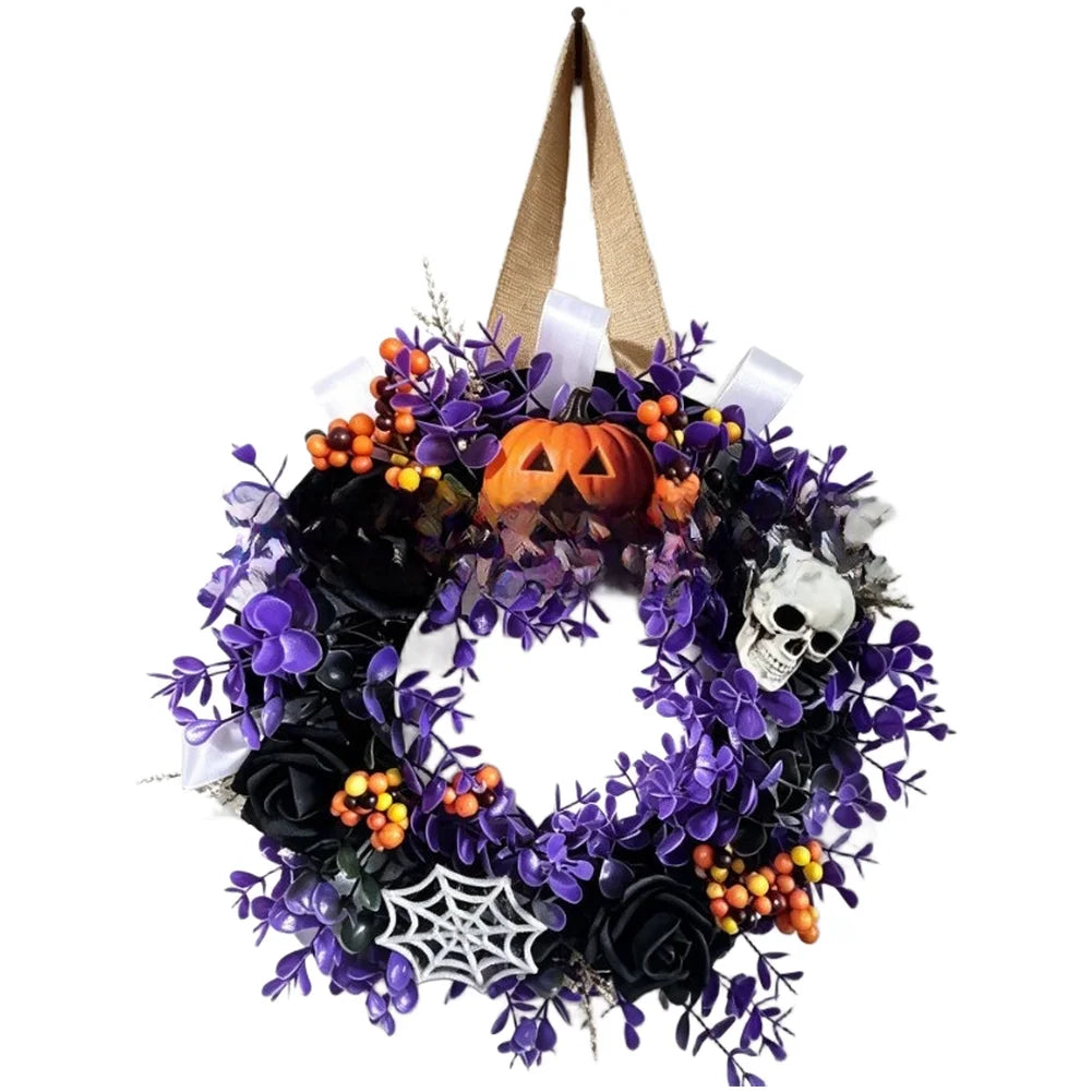 Guirlanda de Flores Artificiais Preta e Roxa para Decoração de Parede e Casa em Festas Temáticas de Halloween, Acessório de Feriado para Pendurar na Porta de Entrada, Interior e Exterior
