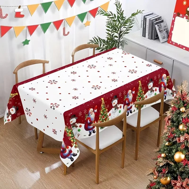 Toalha de Mesa de Natal: Decoração Clássica de Inverno com Estampa de Papai Noel, Floco de Neve e Pinhas – Suprimentos para Cenário Festivo