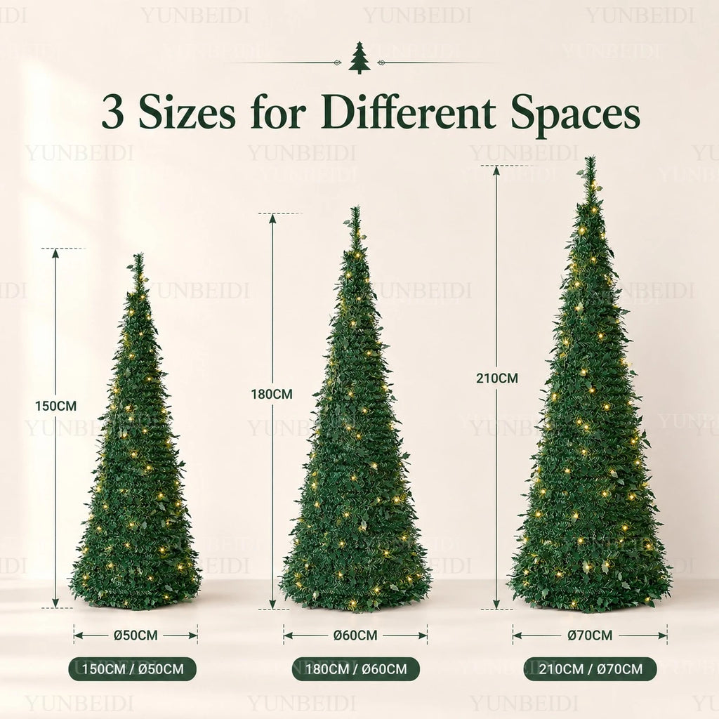 Árvores de Natal Artificiais com Luzes LED Decorativas, Tudo em Um, com Alturas de 1,5m a 2,1m, Decoração de Natal para Casa