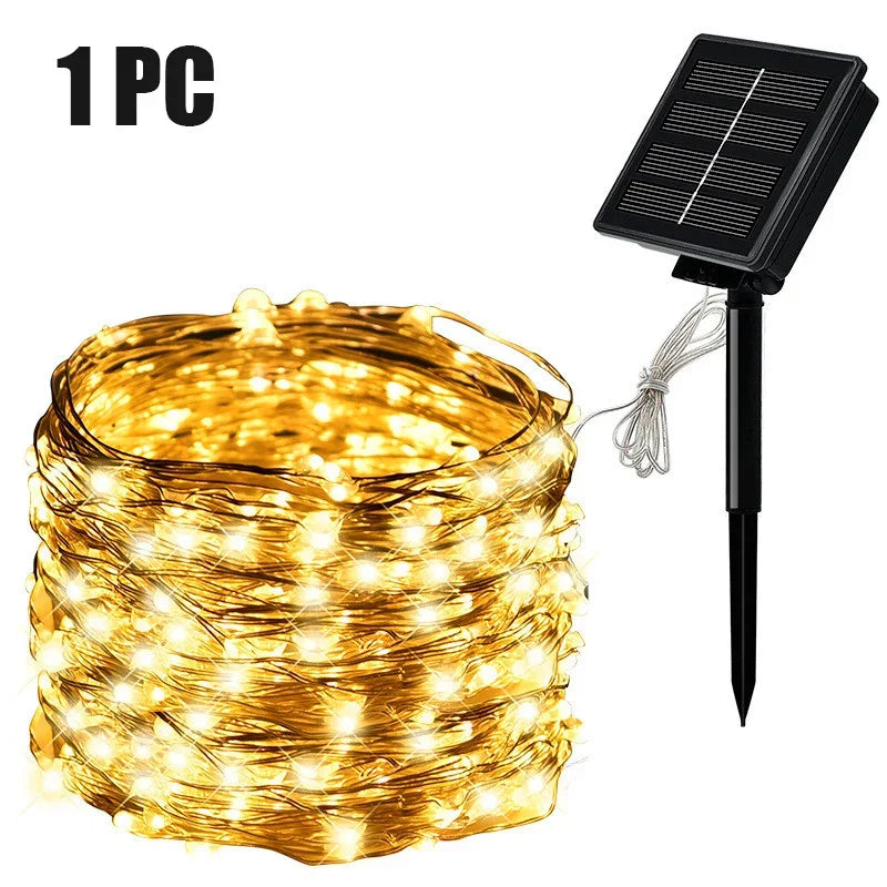 Luz solar ao ar livre da corda led guirlanda de fadas 8 modo jardim quintal festa decoração natal lâmpada fio cobre