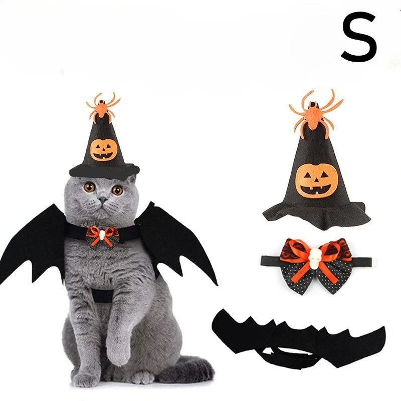 3×Conjunto de Decoração de Fantasia de Halloween para Gato de Estimação - Acessórios de Asas de Morcego, Coleira e Tiara, Fantasia Assustadora e Fofa para Festa de Halloween