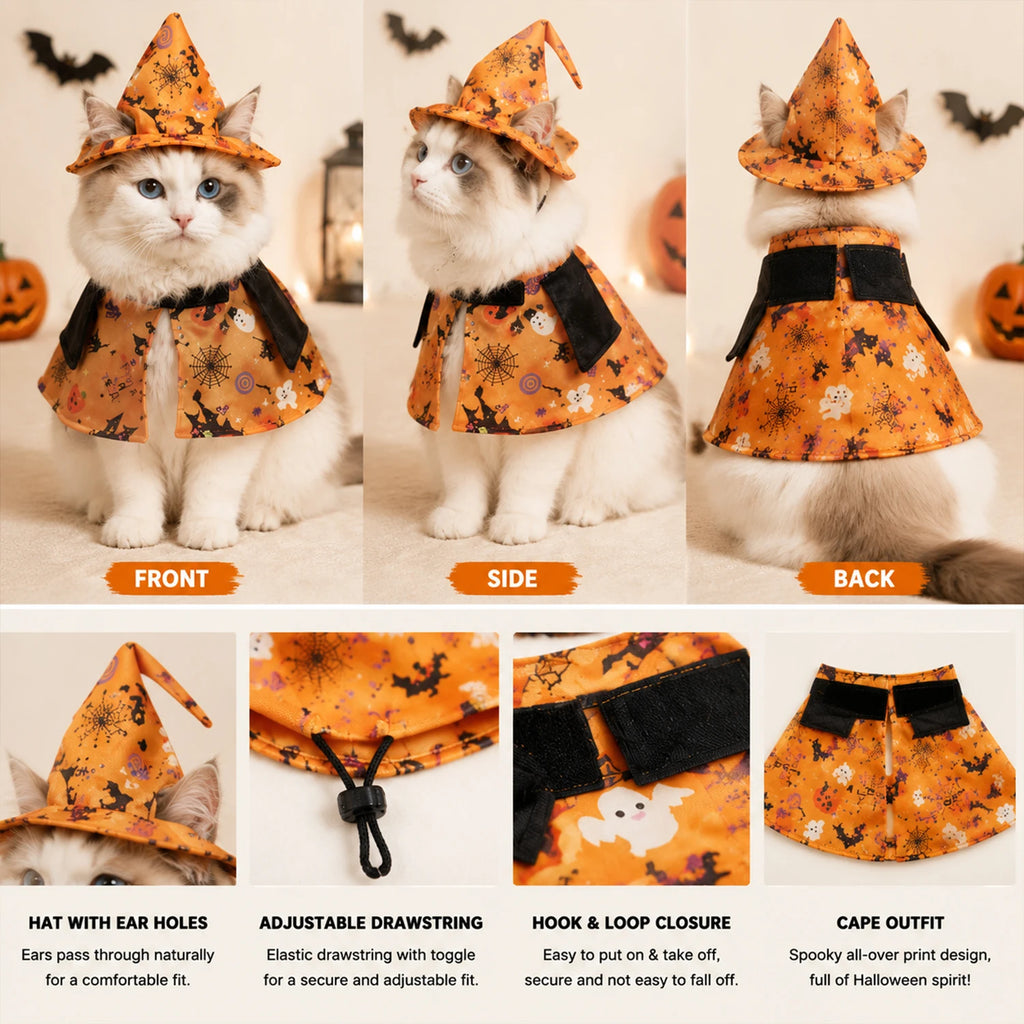 Fantasia de bruxa para Halloween, para gatos e cães de pequeno porte, com chapéu de bruxa e roupa estampada, cordão ajustável e fechos de velcro.