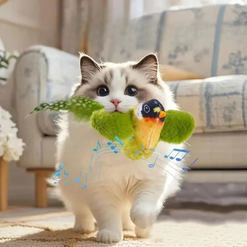 Brinquedo interativo para gatos, em forma de pássaro de pelúcia, ativado por som e fixado na parede, com catnip, para brincadeiras e entretenimento de gatos em ambientes fechados.