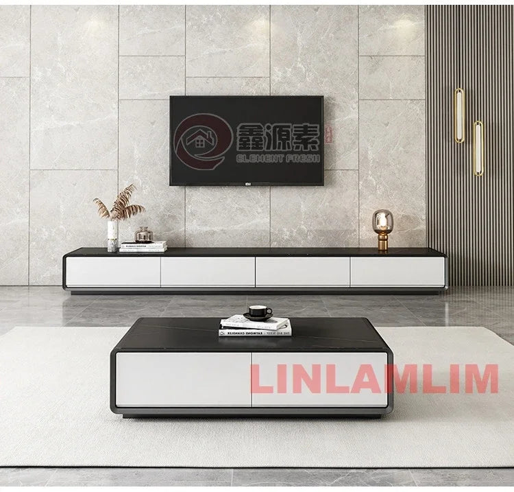 Mesa de Café e Rack para TV com Armários de Armazenamento, Conjunto de Móveis Modernos Brancos para Sala de Estar, Conjunto de Centro de Entretenimento Contemporâneo