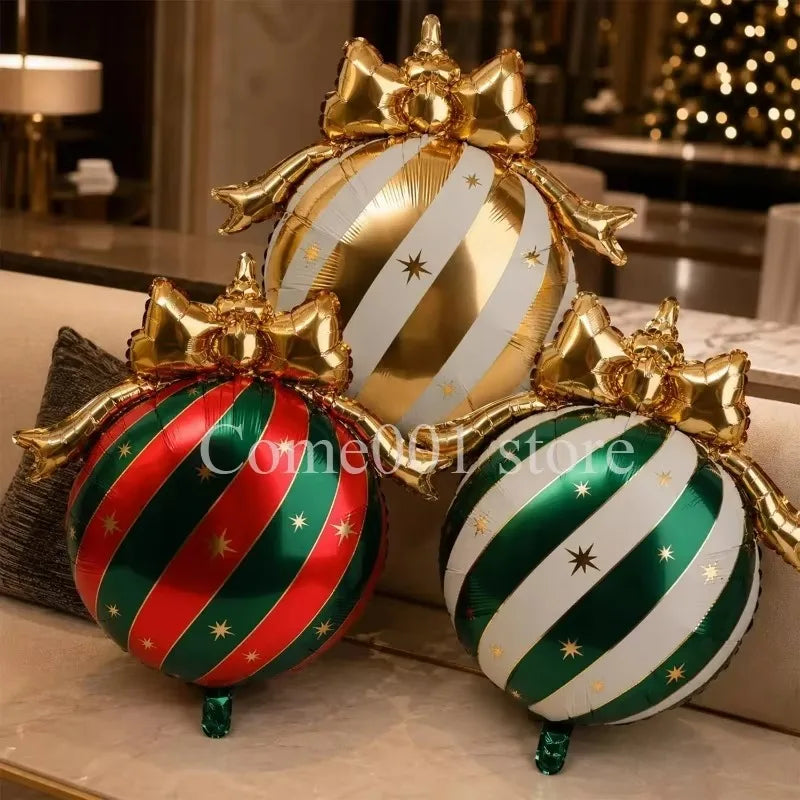 Balão Metalizado de Natal em Forma de Bola, Balões Estrela Listrados, Laço Dourado, Decoração para Pendurar na Árvore de Natal, Balões de Feliz Natal