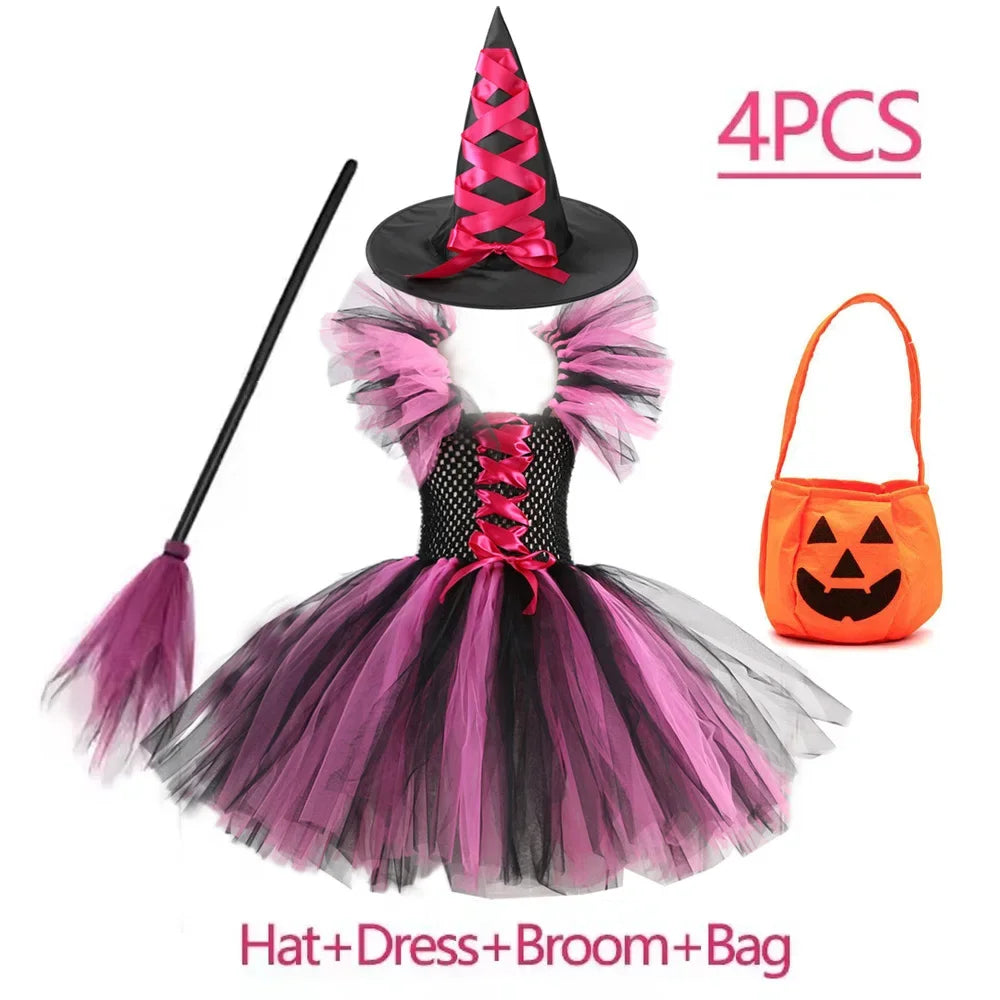 Crianças trajes de bruxa de halloween para meninas carnaval festa fantasia vestido crianças bruxas disfarce tutu roupa com vassoura chapéu